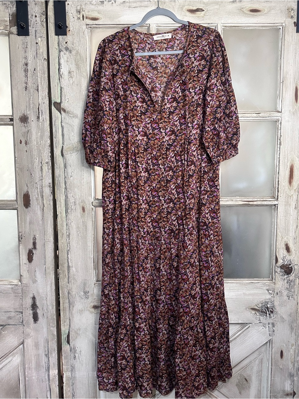 Natural Life Floral Boho Maxi Dress Size M Tiered Puff Sleeve Cottagecore
